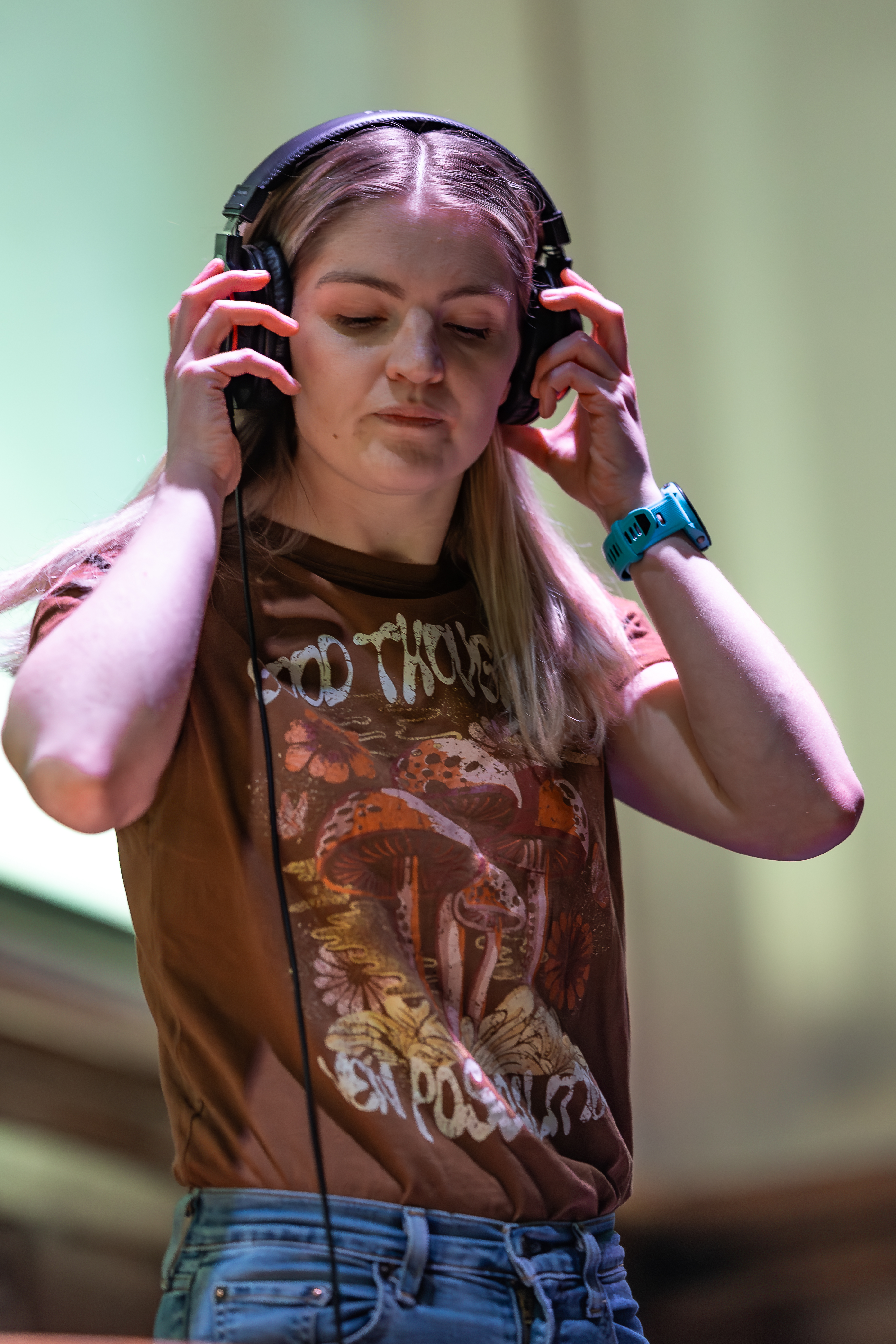 Performer with headphones